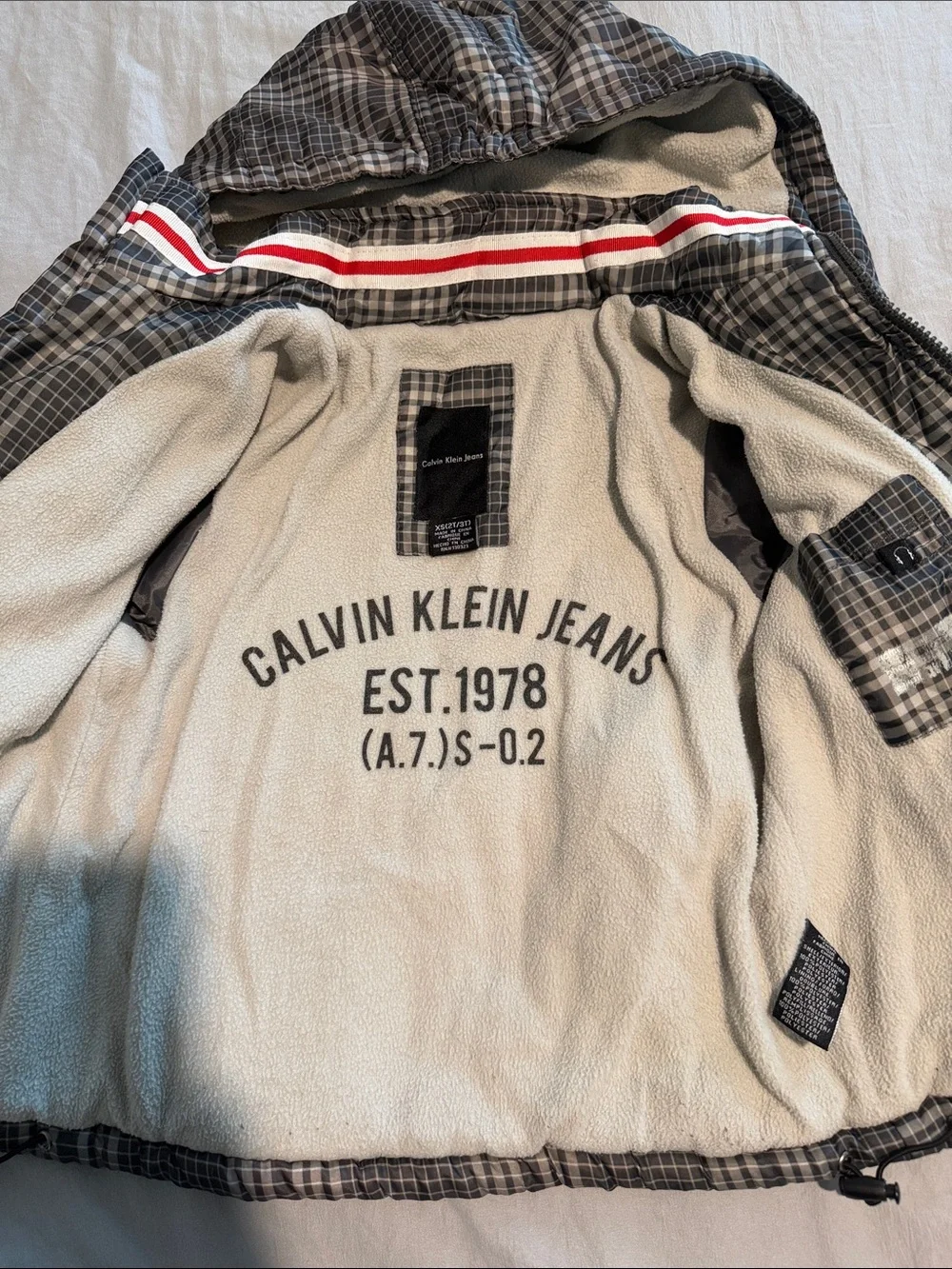Calvin Klein Kids Hooded Plaid Puffer Jacket - Gray & Cream